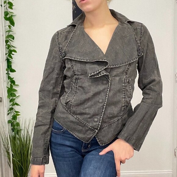 Y2K Cabi Asymmetric Button-Up Moto Jacket Long Sleeve Size S Gray - Picture 2 of 6